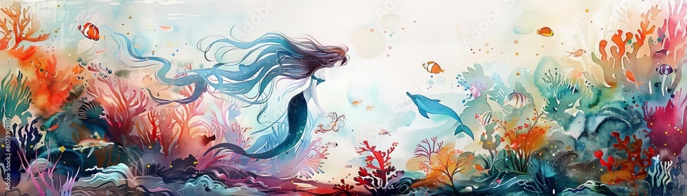 A magical underwater scene featuring a mermaid with shimmering scales and flowing hair, conversing with colorful fish and dolphins near a coral reef A magical underwater scene featuring a mermaid with shimmering scales and flowing hair, conversing with colorful fish and dolphins near a coral reef