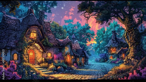 A colorful illustration of a fairy tale village with thatched cottages, a cobblestone path, and villagers in medieval clothing, surrounded by enchanted trees