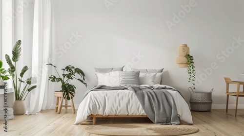 A bedroom with a white bed, a plant, and a basket. The room is clean and well-organized, with a neutral color scheme. The bed is the focal point of the room, and the plant adds a touch of greenery photo