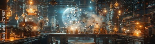 An alchemists lab with steampunk gadgets and shimmering potions, overlaid with a fractal, kaleidoscopic design