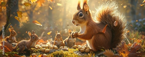 An engaging illustration of a squirrel using acorns to explain economics to a group of other woodland creatures in a sunny forest setting photo