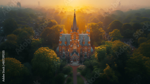 Misty Dawn at the Historic Urban Cathedral photo