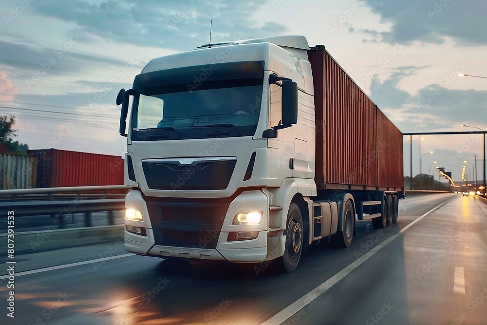 Truck on the road with cargo containers. Freight transportation. Truck on the road with cargo containers. Freight transportation.