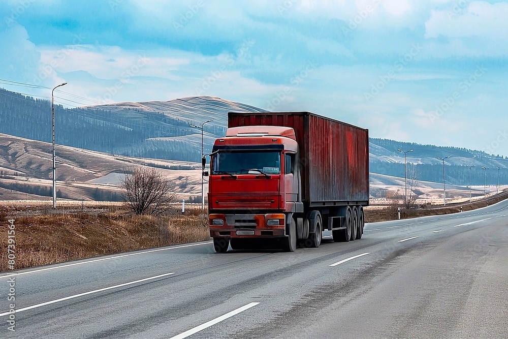 Truck with container on the road. Freight transportation. Cargo transportation.