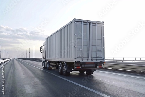 Container truck with a container drives along an empty highway at dawn. Copy space. Freight transportation and logistics concept 