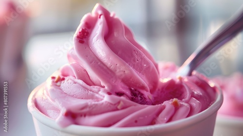 dessert indulgence, a spoon scooping into a cup of frozen yogurt, ready to savor the refreshing and creamy dessert photo