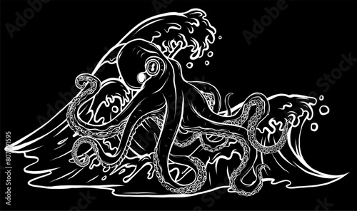 white silhouette of cartoon octopus with sea wave on black background photo