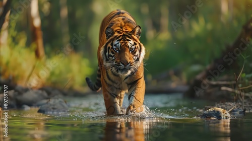 Amur tiger walking in the water. Dangerous animal  taiga  Russia. Animal in green forest stream. Grey stone  river droplet. Wild cat in nature habitat.