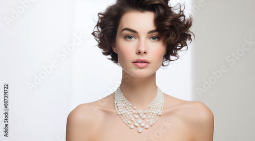 cropped photo of beautiful woman wearing pearl necklace, white background