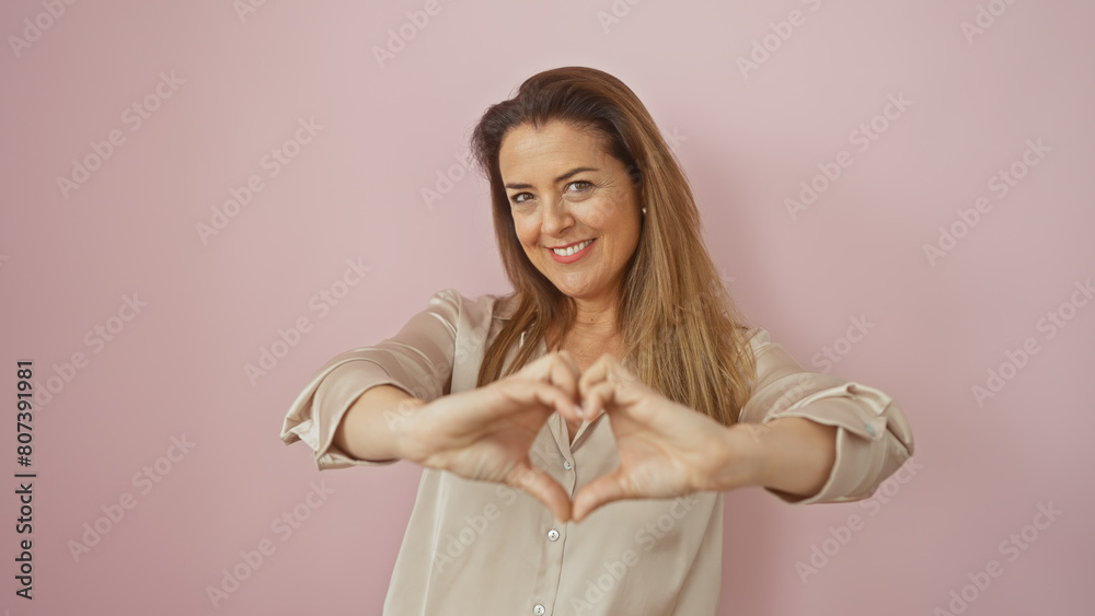 A smiling hispanic woman forms a heart with her hands against a soft pink background, exuding warmth and approachability.