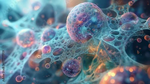 Cellular vesicles with vibrant membranes, transporting molecules for cellular communication. Detailed visualization emphasizing the beauty of microscopic processes. Biological concept.