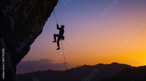 A rock climber is silhouetted against the evening sky as he rappels past an overhang in Joshua Tree National Park. © somneuk