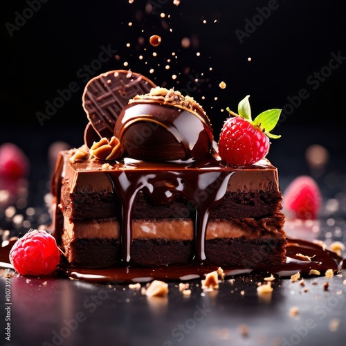 Delicious piece of chocolate cake topped with fresh strawberries, raspberries. For cookbooks, food magazine, restaurant, cafe, recipe websites, social media sites, festive events, wedding, birthday.