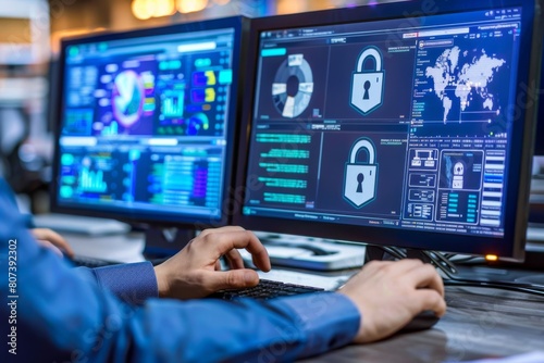 Cyber safeguard systems protect digital communications in city networks, using encrypted tech subscriptions and digital keys for enhanced security implementations. photo