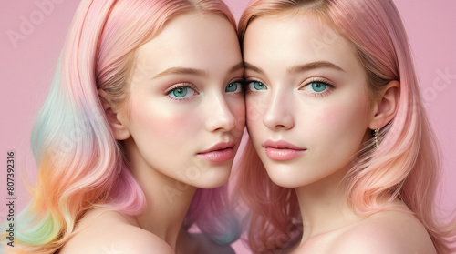 portrait of two women, girls, pastel colors, embrace, fashion