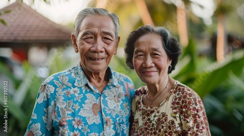 happy asian elderly couple with blurred daytime background in high resolution