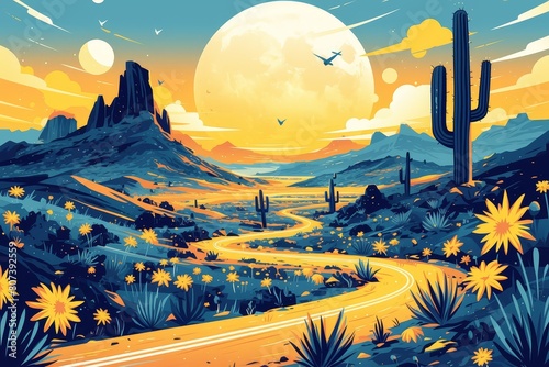 limitless road to the moon, desert landscape with cacti and mountains in the background