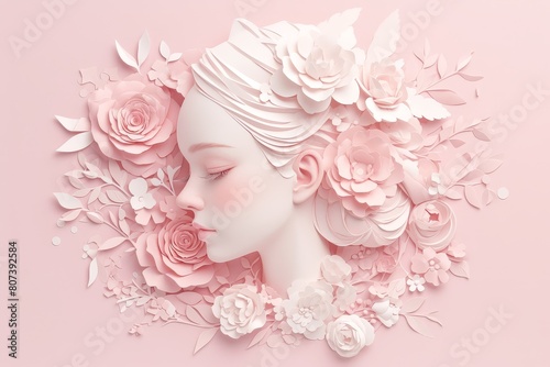 paper art of woman with rose head and pink floral background, pink color theme 