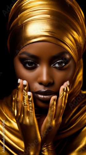 Portrait closeup Beauty fantasy african woman face in gold paint. Golden shiny black skin. Fashion model girl goddess hand fingers posing. Arab turban jewellery bracelets. Professional metallic makeup