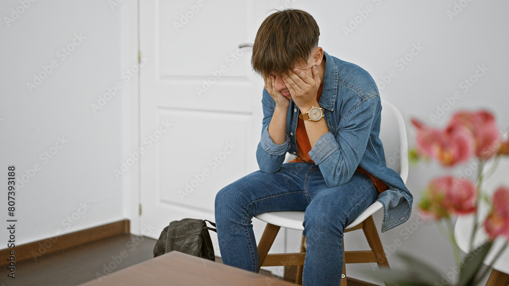 A distressed young man sitting in an indoor white room, covering his face with his hand, wearing a denim jacket and jeans.