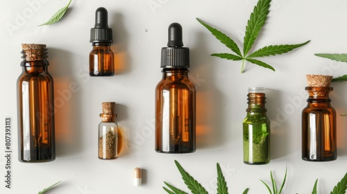 cbd oil bottle with cannabis leaf label, on white background, representing natural remedy and alternative medicine concept photo