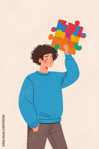 Flat lay view of a man in blue sweatshirt taking puzzle pieces out of curly hair. Fun chaos. Man solving puzzle. Illustration. Generative AI