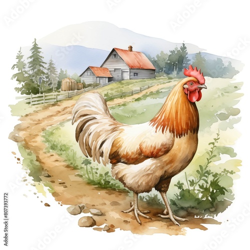 Chicken. Farming chicken. Farmyard bird clipart. Watercolor illustration. Generative AI. Detailed illustration.