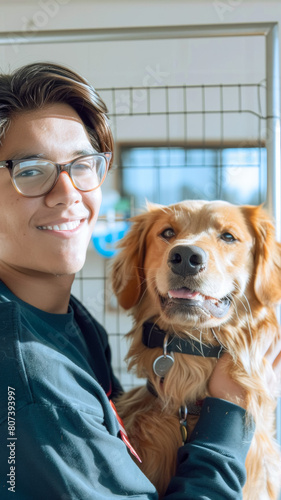 Young Veterinarian in Glasses Petting a Noble Healthy Golden Retriever Pet in a Modern