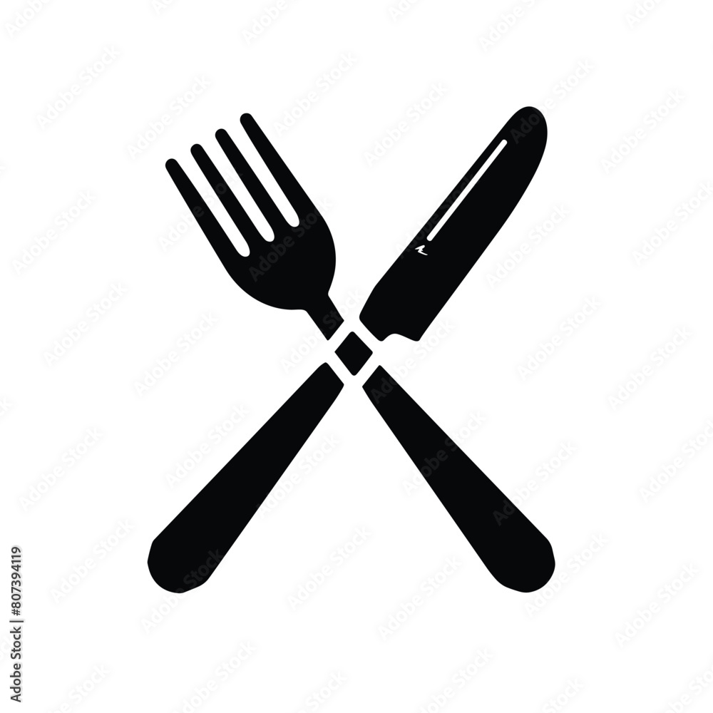 Silhouette of a fork and knife crossed in a simple icon design. Silhouette of a fork and knife crossed in a simple icon design.