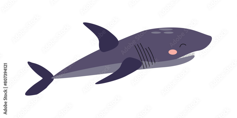 Obraz premium Purple shark character, sea animal. Vector cartoon illustration for stickers, children's books, products, room decoration.