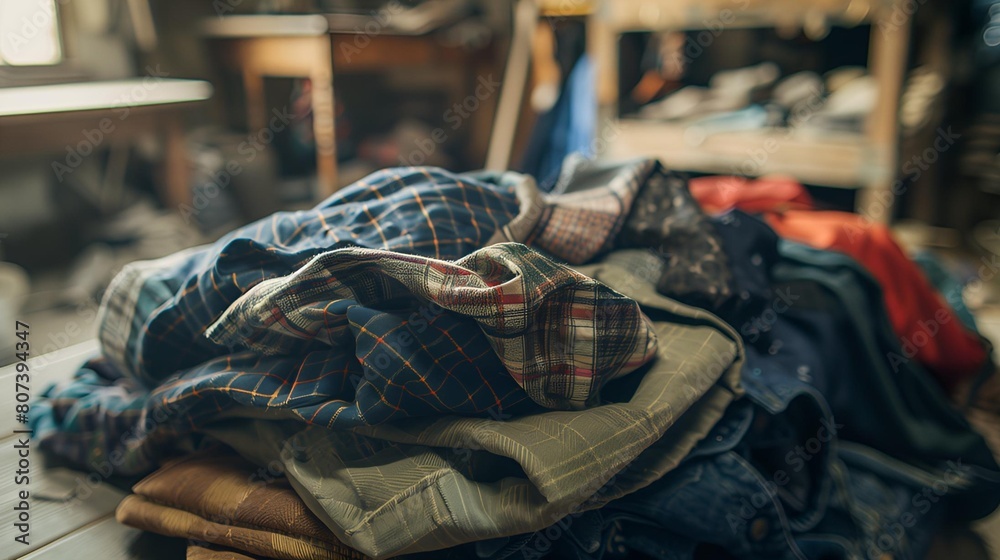 A Pile of Soft, used Flannel Shirts on a Wooden Table. indicates the concerns about environmental damage caused by the fast fashion industry. A closeup of old clothes in a second-hand shop A Pile of Soft, used Flannel Shirts on a Wooden Table. indicates the concerns about environmental damage caused by the fast fashion industry. A closeup of old clothes in a second-hand shop