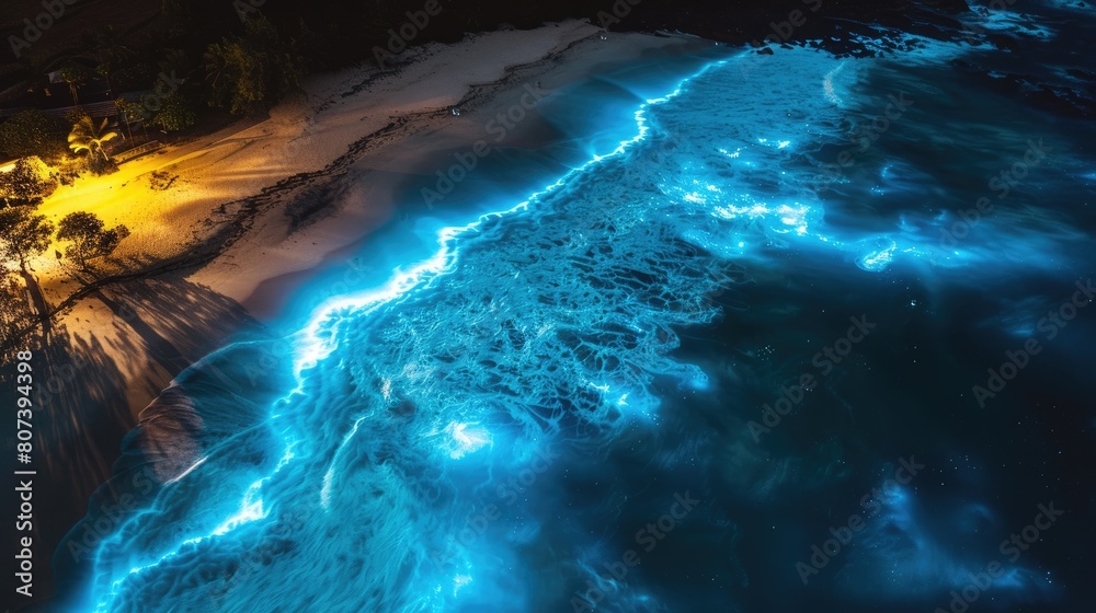 An electric blue wave crashing on a beach at night, creating a captivating natural landscape in the darkness with the mountain range in the background AIG50