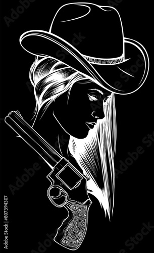white silhouette of western girl with revolveron black background - vector illustration