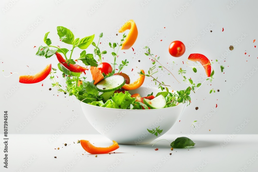 Flying vegetable salad ingredients over transparent and white bowl. Vitamins and healthy eating concept. High quality photo Flying vegetable salad ingredients over transparent and white bowl. Vitamins and healthy eating concept. High quality photo