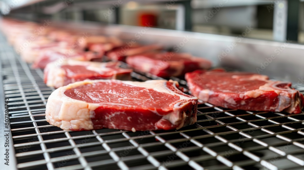 Raw beef steaks arranged on a metal grill in a processing facility, highlighting freshness and quality. Concept of meat production, food industry, and freshness.
