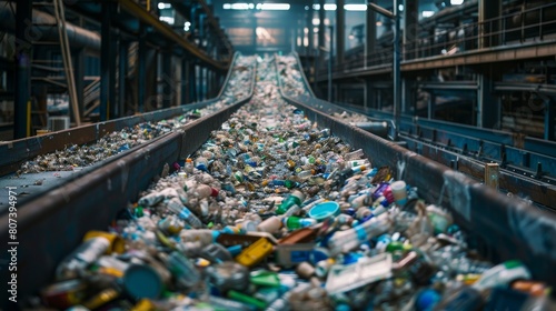 Conveyor belt carrying a stream of recycled materials in a recycling plant  emphasizing waste management and sustainability. Concept of recycling  sustainability  and waste management. 