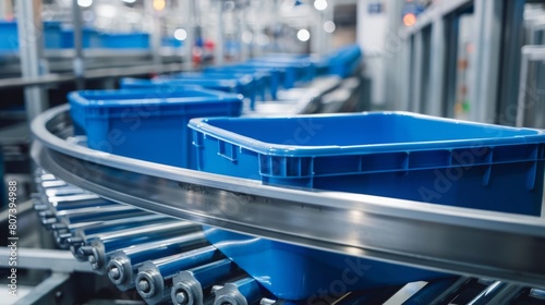 Blue plastic bins on a conveyor belt in an industrial facility, representing storage, organization, and manufacturing. Concept of industry, organization, and storage.
