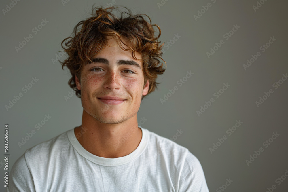 Close-up of person in white shirt against blank grey background with copy space, portrait for ads Close-up of person in white shirt against blank grey background with copy space, portrait for ads