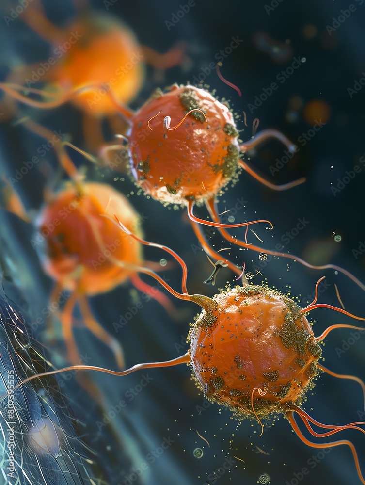 3D illustration of a cancer cell. The cancer cells are orange and the ...