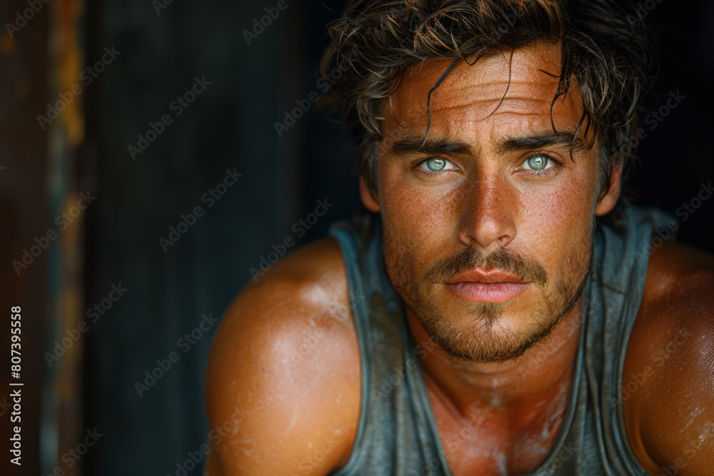 Close up of white handsome man wearing tank top, portrait for advertising Close up of white handsome man wearing tank top, portrait for advertising