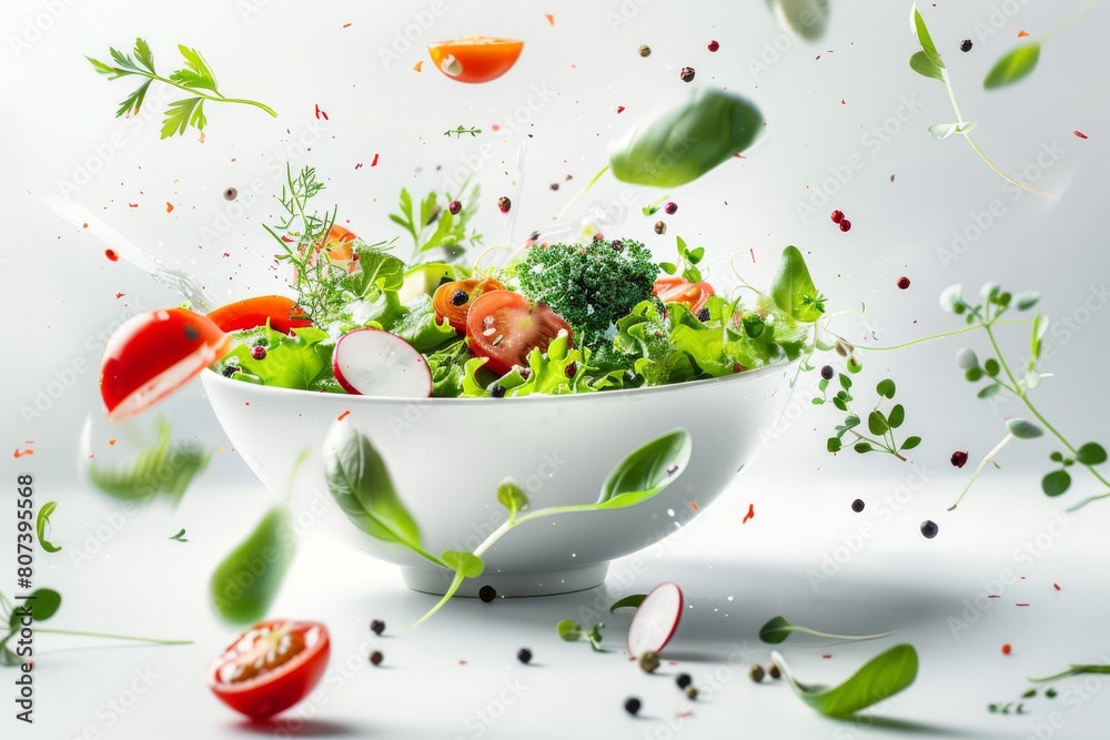 Flying vegetable salad ingredients over transparent and white bowl. Vitamins and healthy eating concept. High quality photo