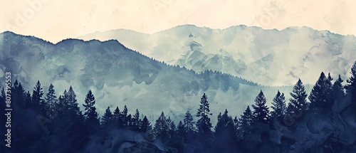 Create a watercolor painting of a mountain landscape. The mountains should be in the distance and partially obscured by fog. The foreground should be a forest of pine trees.