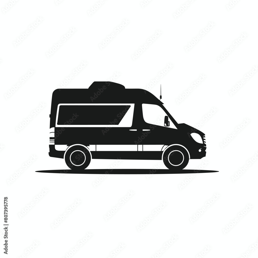 Black silhouette of a camper van on a white background.