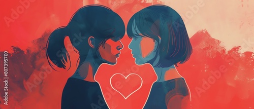 Two people, one with red hair and one with black hair, are standing in front of a red background with pink hearts photo