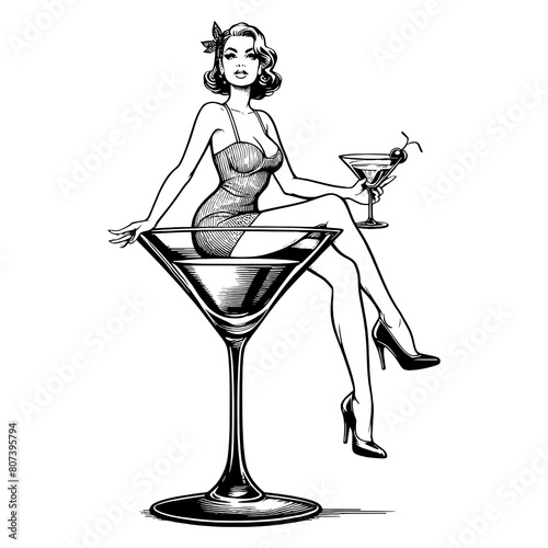 retro pin-up girl enjoying a martini alcohol glass, epitomizing vintage charm and cocktail culture sketch engraving generative ai PNG illustration. Scratch board imitation. Black and white image.