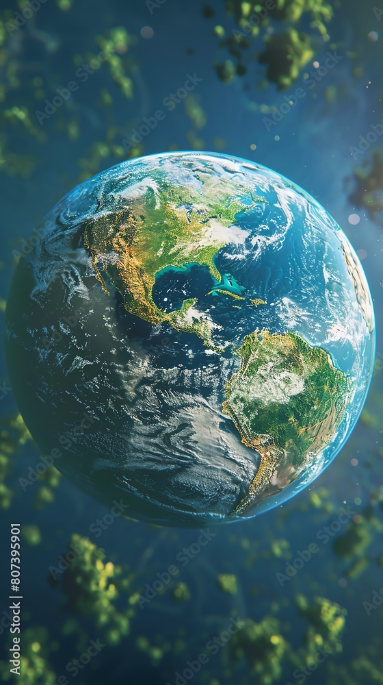 A beautiful and detailed image of Earth from space, showing the Americas. The Earth is surrounded by a green virus-like objects. A beautiful and detailed image of Earth from space, showing the Americas. The Earth is surrounded by a green virus-like objects.
