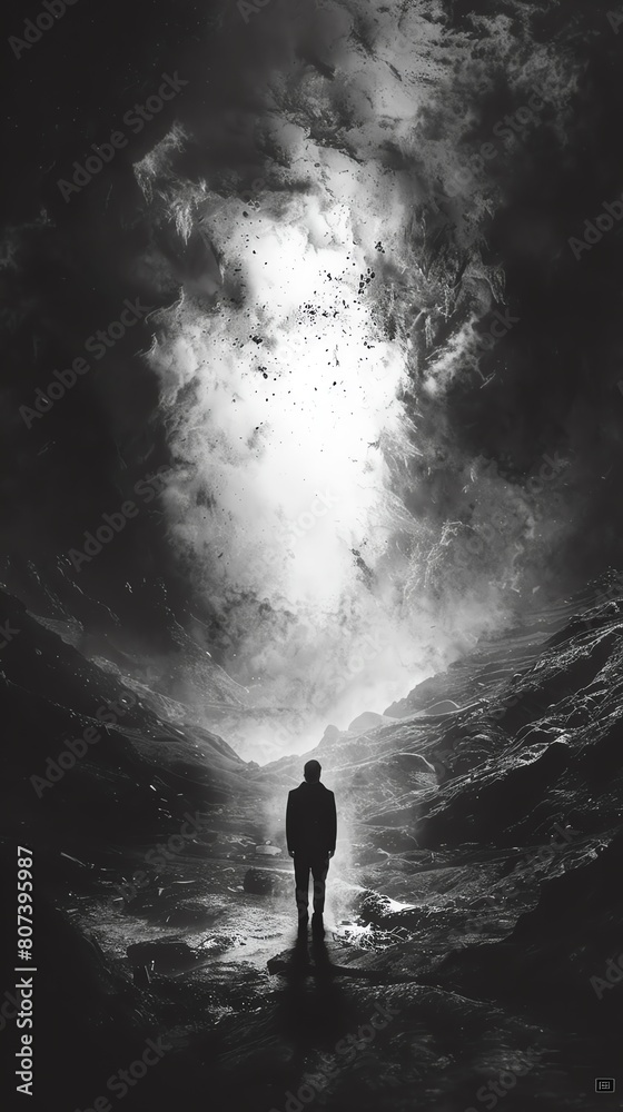 A lone figure stands in a desolate landscape, looking up at a bright light in the distance