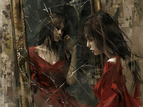 A young woman in a red dress stares at her reflection in a broken mirror