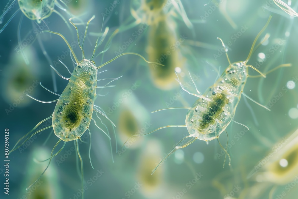 A 3D rendering of a group of paramecium under a microscope. The paramecium are green and have long, whip-like tails. They are swimming in a clear, blue-green liquid. A 3D rendering of a group of paramecium under a microscope. The paramecium are green and have long, whip-like tails. They are swimming in a clear, blue-green liquid.