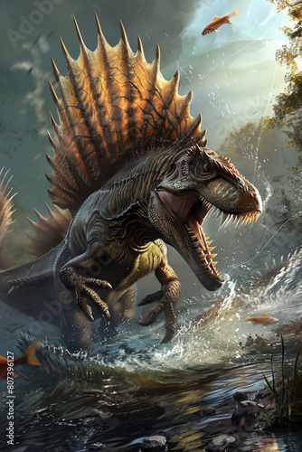 A Spinosaurus emerges from the water  its jaws open wide  ready to attack